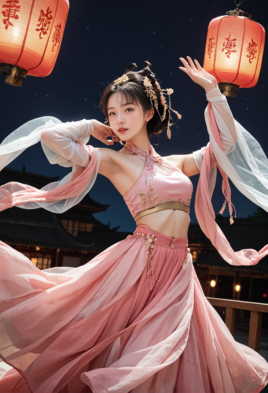 29432-3297385392-1girl,solo,,ruanyi0755,halterneck,pink dress,see-through,detached sleeves,jewelry,navel,shawl,dancing,sky lantern,_lora_0755 Dun.png